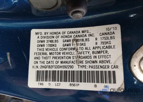 2013 Honda Civic Lx z USA, uszkodzony, nr VIN 2HGFB2F53DH592290